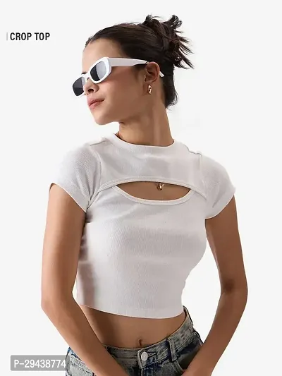 Women Ribbed Round neck Cutout Cropped Tops