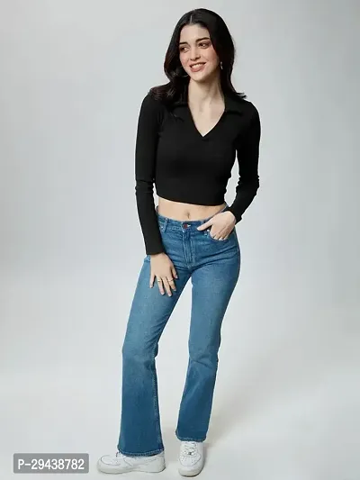 Women Ribbed Polo V-Neck Cropped Tops