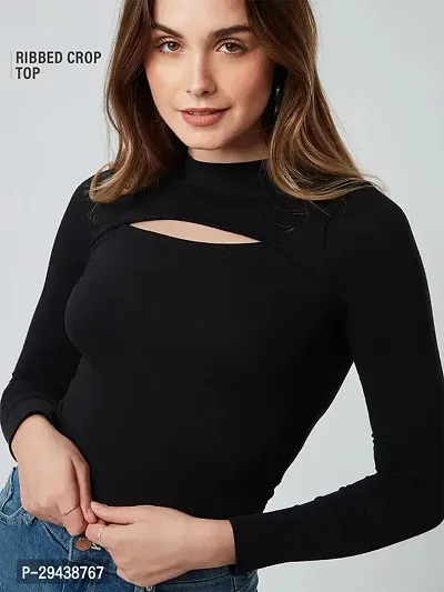 Women Ribbed Round neck Cutout Cropped Top