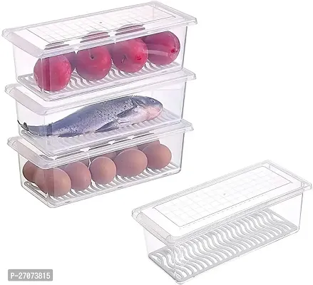 DILLION 4 PCS Fridge Storage Boxes Fridge Organizer with Removable Drain Plate and Lid Stackable Fridge Storage Containers Plastic Freezer Storage Containers for Fish, Meat, Vegetables, Fruits 4 PACK