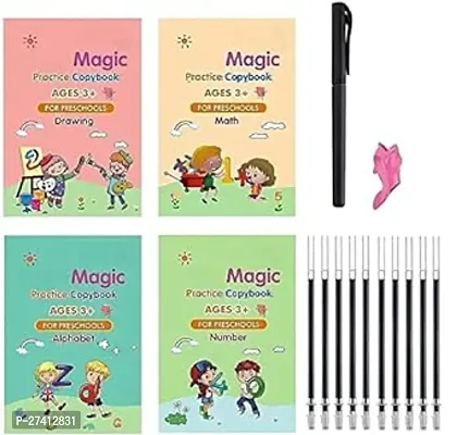 Magic Book for Kids Reusable Practice Copybook, Set of 4 Note Books- Math's, Alphabets, Drawing and Numbers with Pen and 10 Refills-thumb0