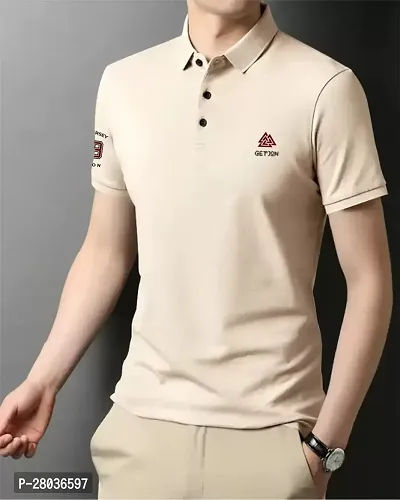 Stylish Beige Cotton Blend Printed Half Sleeve Polos For Men-thumb2