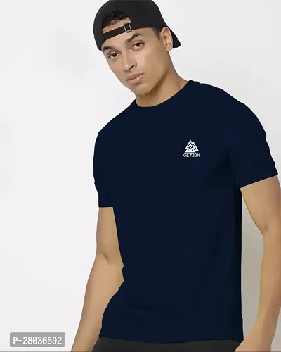 Stylish Navy Blue Cotton Blend Solid Half Sleeve Round Neck Tees For Men