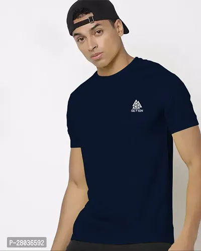 Stylish Navy Blue Cotton Blend Solid Half Sleeve Round Neck Tees For Men-thumb0