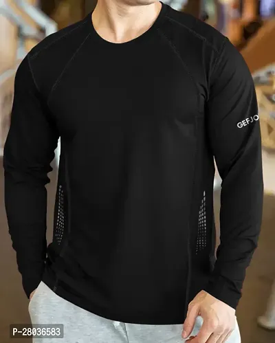 Stylish Black Cotton Blend Solid Long Sleeve Round Neck Tees For Men-thumb0