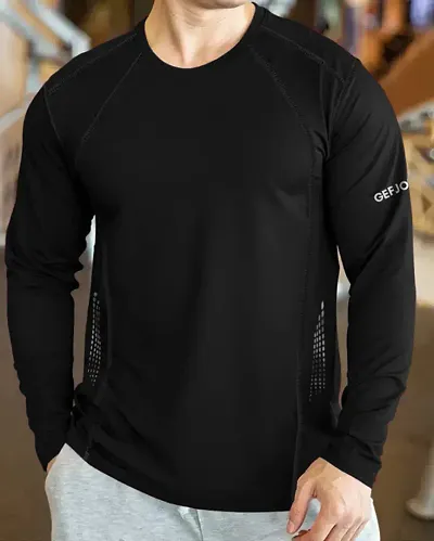 Stylish Black Cotton Blend Solid Long Sleeve Round Neck Tees For Men