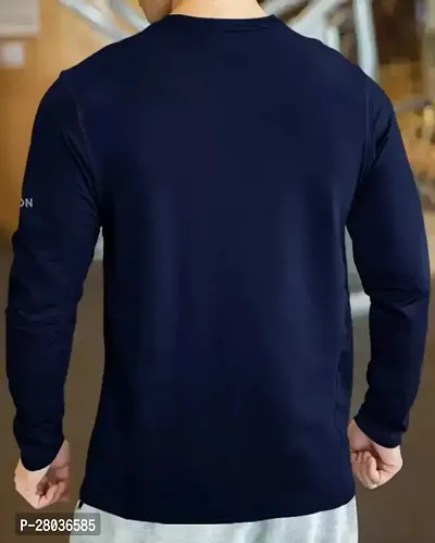 Stylish Navy Blue Cotton Blend Solid Long Sleeve Round Neck Tees For Men-thumb2