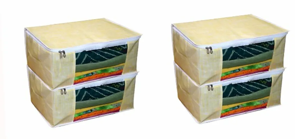 ANNORA INTERNATIONAL Non Woven Fabric Saree Cover/Clothes Organizer |Transparent Window |Zipper Closure With Foldable Material|Size 43 x 35 x 22, Pack of 4 ( Yellow)