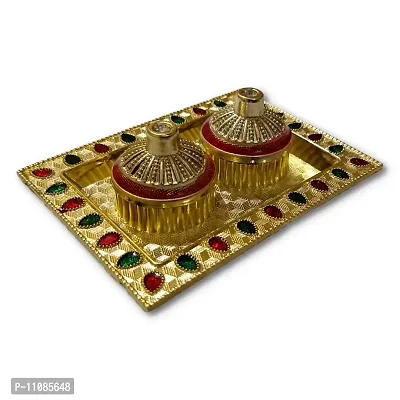 Ayodhya Bhakti Decorative Golden Designed Small Haldi -Kumkum Holder Plate (Gold)