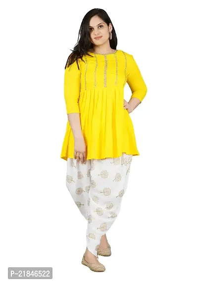 FabRasiya Women's  Girl's Rayon Kurta With Dhoti Pant Set (X-Large, Yellow)-thumb0