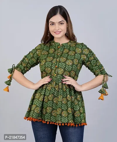 Women's Cotton Floral Print Regular Wear Top (Medium, Green)-thumb3