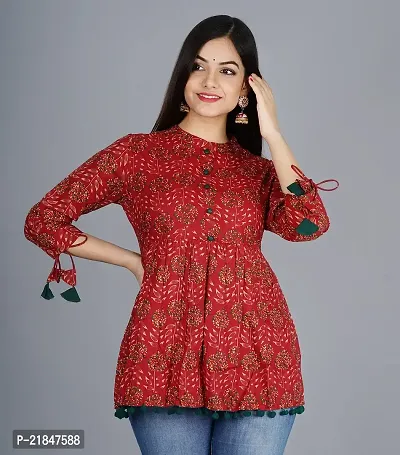 Women's Cotton Floral Print Regular Wear Top (XX-Large, Red)