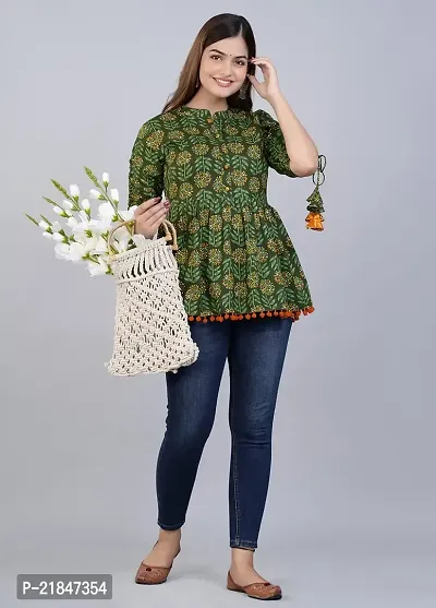 Women's Cotton Floral Print Regular Wear Top (Medium, Green)-thumb2