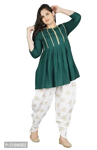 FabRasiya Women's  Girl's Rayon Kurta With Dhoti Pant Set (Medium, Dark Green)