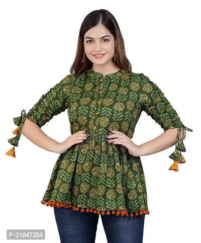 Women's Cotton Floral Print Regular Wear Top (Medium, Green)