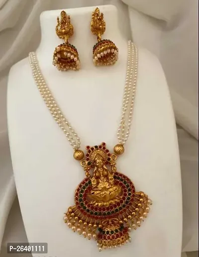 Stylish Golden Brass 1 Necklace With 2 Earrings Set For Women