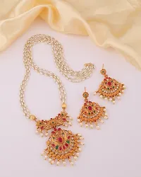 Stylish Golden Brass 1 Necklace With 2 Earrings Set For Women-thumb1