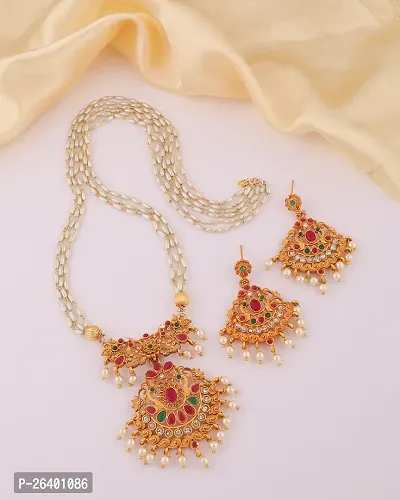 Stylish Golden Brass 1 Necklace With 2 Earrings Set For Women-thumb2