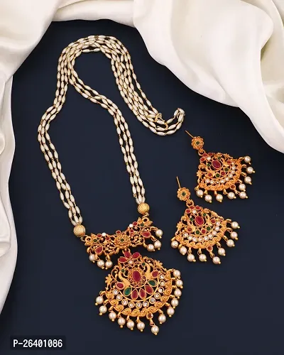 Stylish Golden Brass 1 Necklace With 2 Earrings Set For Women-thumb0