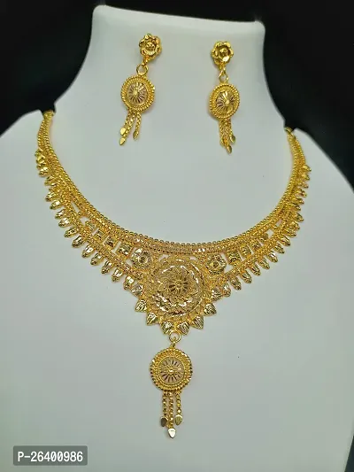 Stylish Golden Brass 1 Necklace With 2 Earrings Set For Women-thumb5