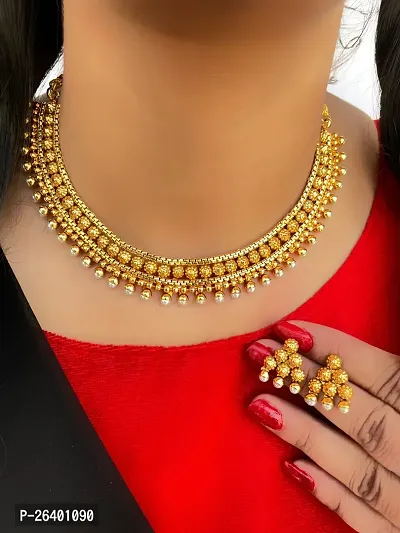 Stylish Golden Brass 1 Necklace With 2 Earrings Set For Women