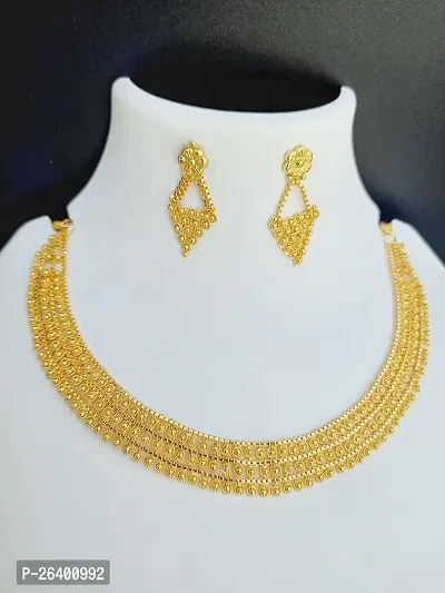 Stylish Golden Brass 1 Necklace With 2 Earrings Set For Women-thumb0