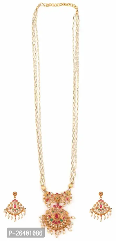 Stylish Golden Brass 1 Necklace With 2 Earrings Set For Women-thumb4