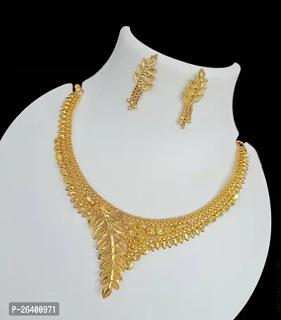Stylish Golden Brass 1 Necklace With 2 Earrings Set For Women-thumb4