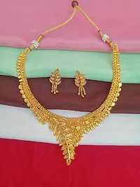 Stylish Golden Brass 1 Necklace With 2 Earrings Set For Women-thumb1