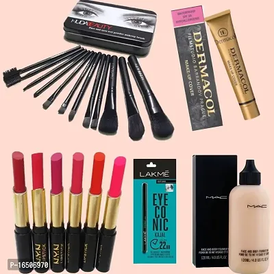 6pcs NYN Lipsticks, Kajal, Body Foundation, 12pcs makeup brushes with Dermacol Face Foundation.