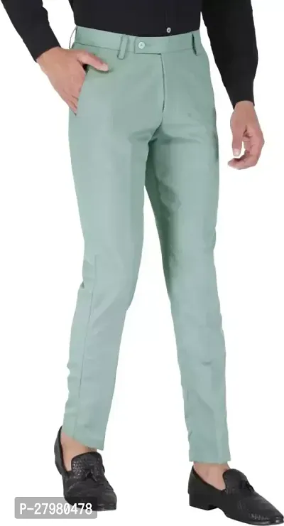 Stylish Olive Cotton Blend Solid Regular Fit Formal Trousers For Men-thumb0