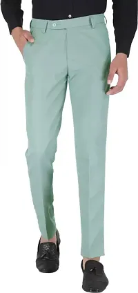 Stylish Olive Cotton Blend Solid Regular Fit Formal Trousers For Men-thumb3