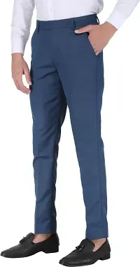 Stylish Blue Cotton Blend Solid Regular Fit Formal Trousers For Men-thumb1