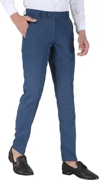 Stylish Blue Cotton Blend Solid Regular Fit Formal Trousers For Men-thumb4