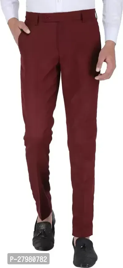 Stylish Maroon Cotton Blend Solid Regular Fit Formal Trousers For Men-thumb0