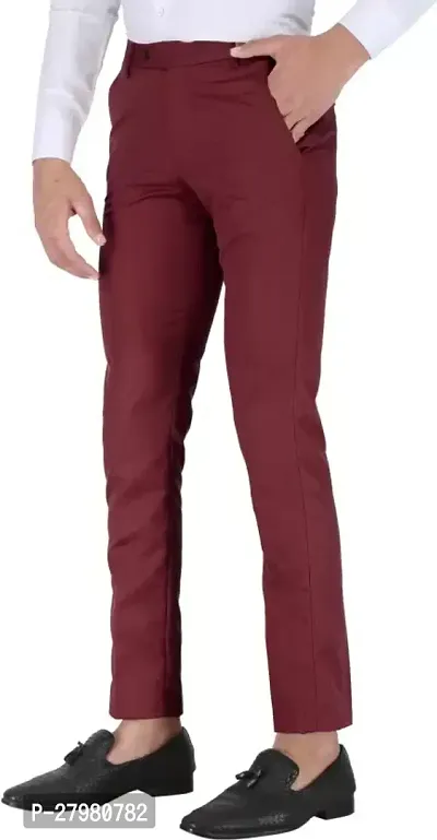 Stylish Maroon Cotton Blend Solid Regular Fit Formal Trousers For Men-thumb3