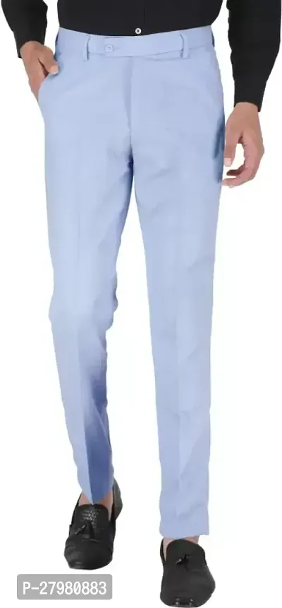 Stylish Blue Cotton Blend Solid Regular Fit Formal Trousers For Men-thumb0