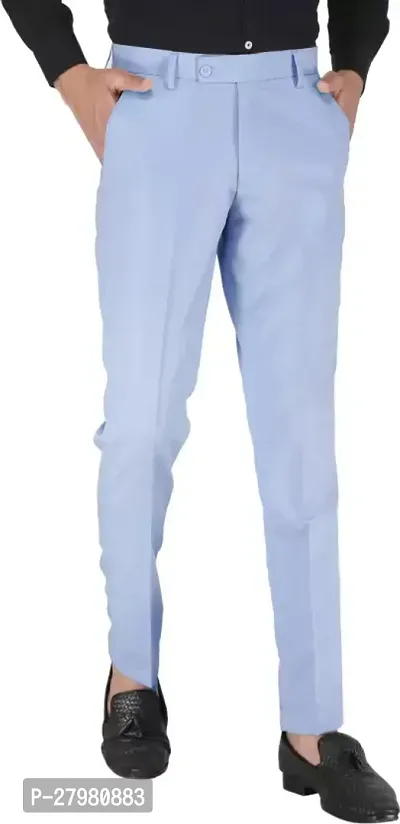 Stylish Blue Cotton Blend Solid Regular Fit Formal Trousers For Men-thumb4