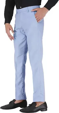 Stylish Blue Cotton Blend Solid Regular Fit Formal Trousers For Men-thumb2