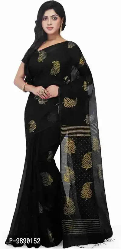 Handloom Golden Leaf Printed Saree With Blouse Piece-thumb0