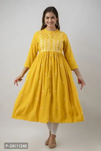 Elegant Yellow Viscose Rayon Embroidered Kurta For Women