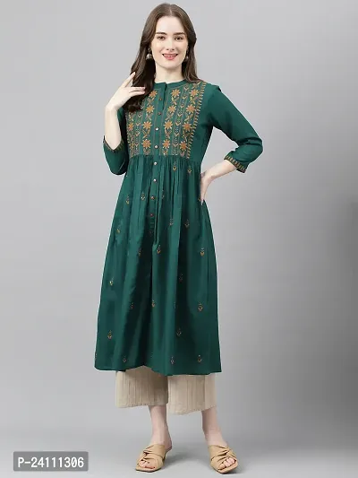 Elegant Green Viscose Rayon Embroidered Kurta For Women-thumb2