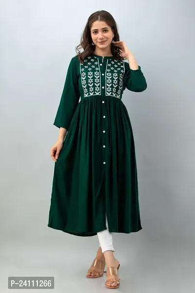 Elegant Dark Green Viscose Rayon Embroidered Kurta For Women-thumb3