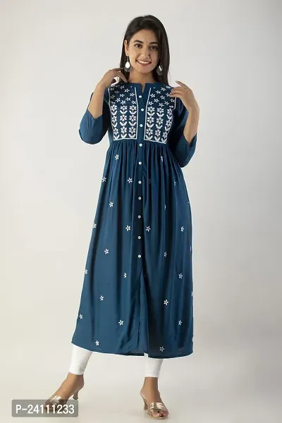 Elegant Teal Viscose Rayon Embroidered Kurta For Women-thumb0