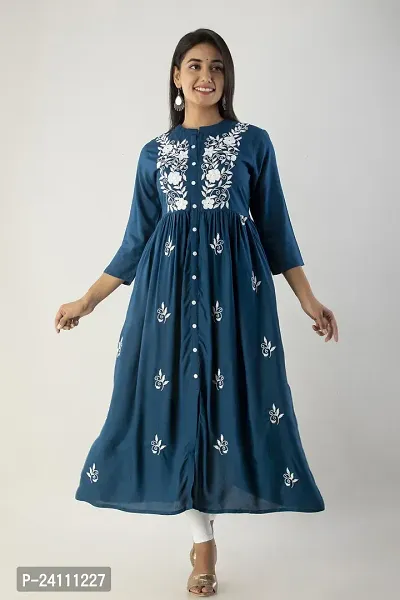 Elegant Teal Viscose Rayon Embroidered Kurta For Women-thumb0