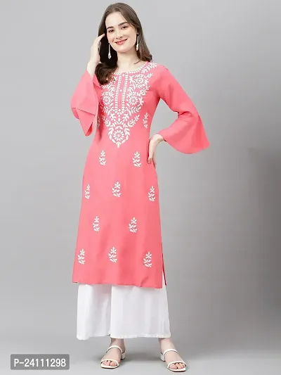 Elegant Peach Viscose Rayon Embroidered Kurta For Women-thumb2