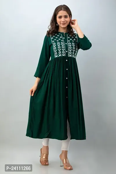 Elegant Dark Green Viscose Rayon Embroidered Kurta For Women-thumb5