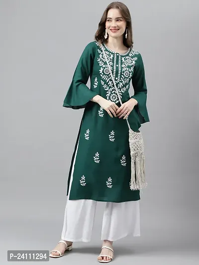 Elegant Green Viscose Rayon Embroidered Kurta For Women-thumb3