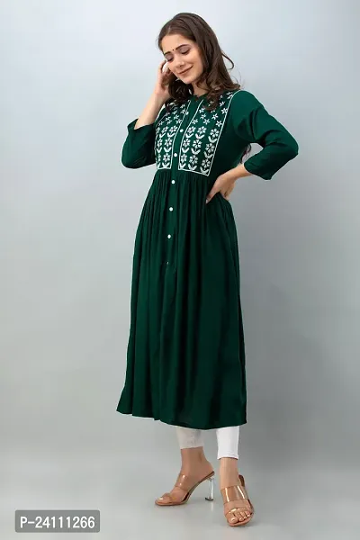 Elegant Dark Green Viscose Rayon Embroidered Kurta For Women-thumb4