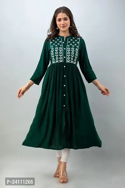 Elegant Dark Green Viscose Rayon Embroidered Kurta For Women-thumb0